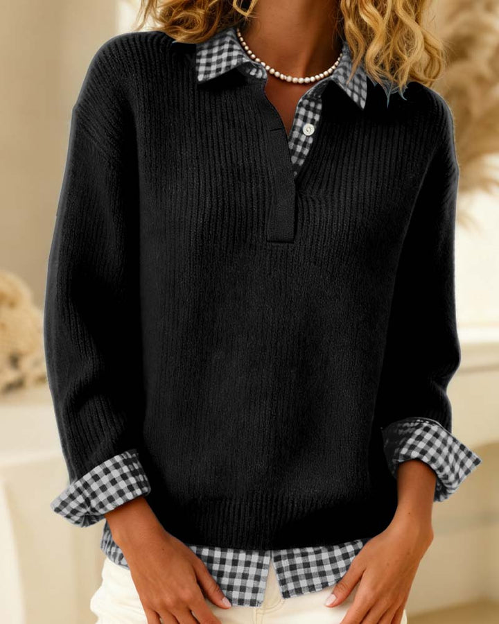 Solid Color Pullover with Checkered Patchwork