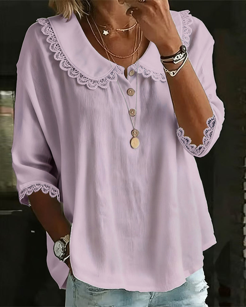 Blouse with Lace Insert and Peter Pan Collar