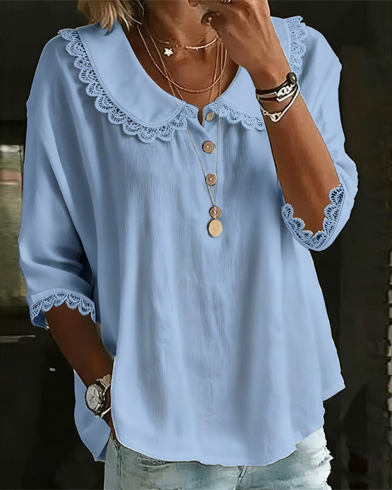Blouse with Lace Insert and Peter Pan Collar