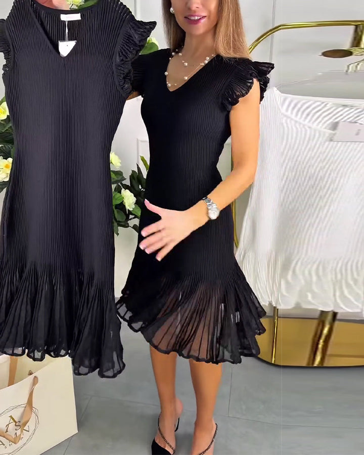 Short Sleeve Ruffled Lace V-Neck Dress