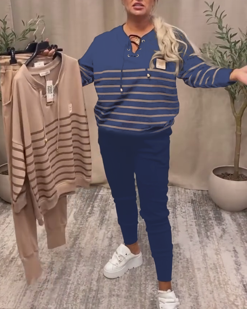 Casual Striped Sports Set with Ankle Pants