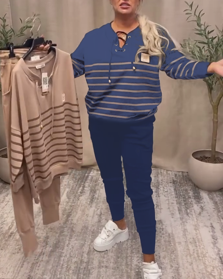 Casual Striped Sports Set with Ankle Pants