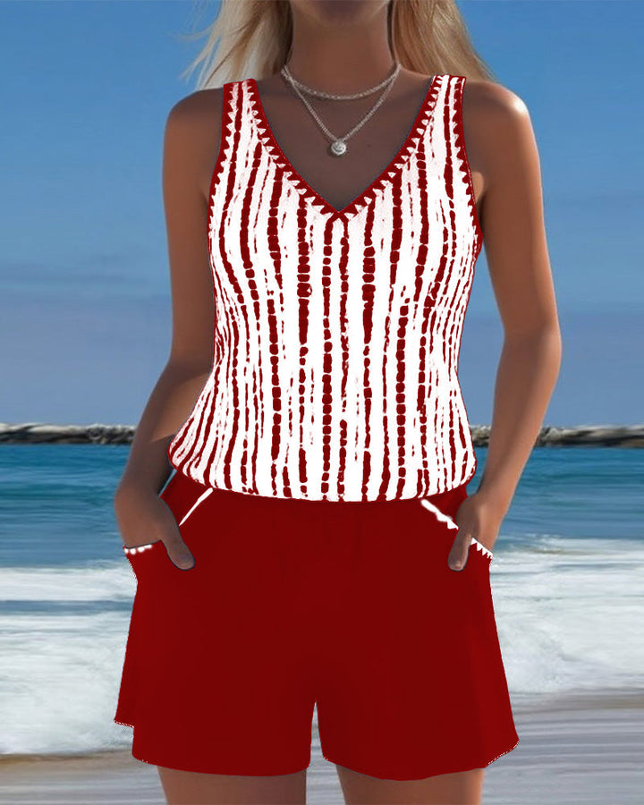 Casual Two Piece Printed V-Neck Swimsuit with Pockets