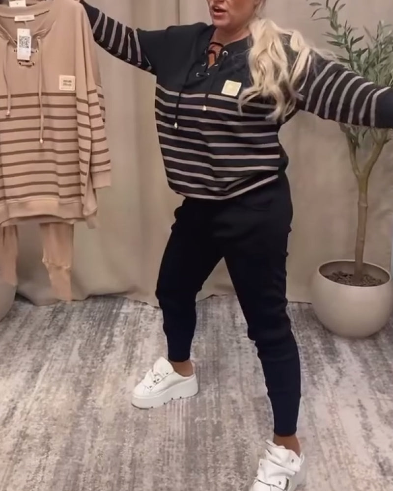 Casual Striped Sports Set with Ankle Pants
