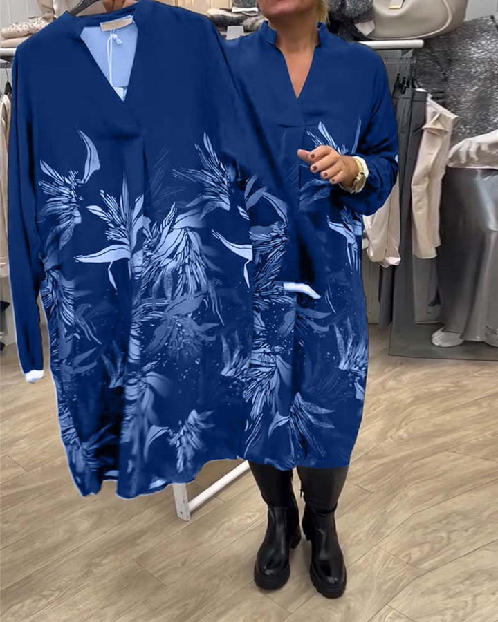 Dress V-neck Leaf Print Long Sleeve