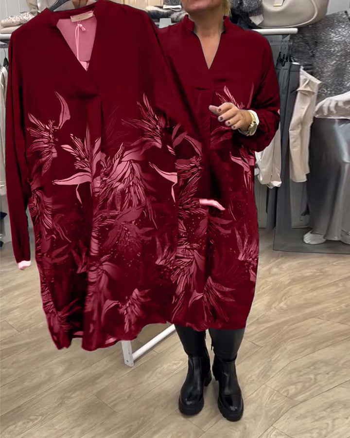 Dress V-neck Leaf Print Long Sleeve
