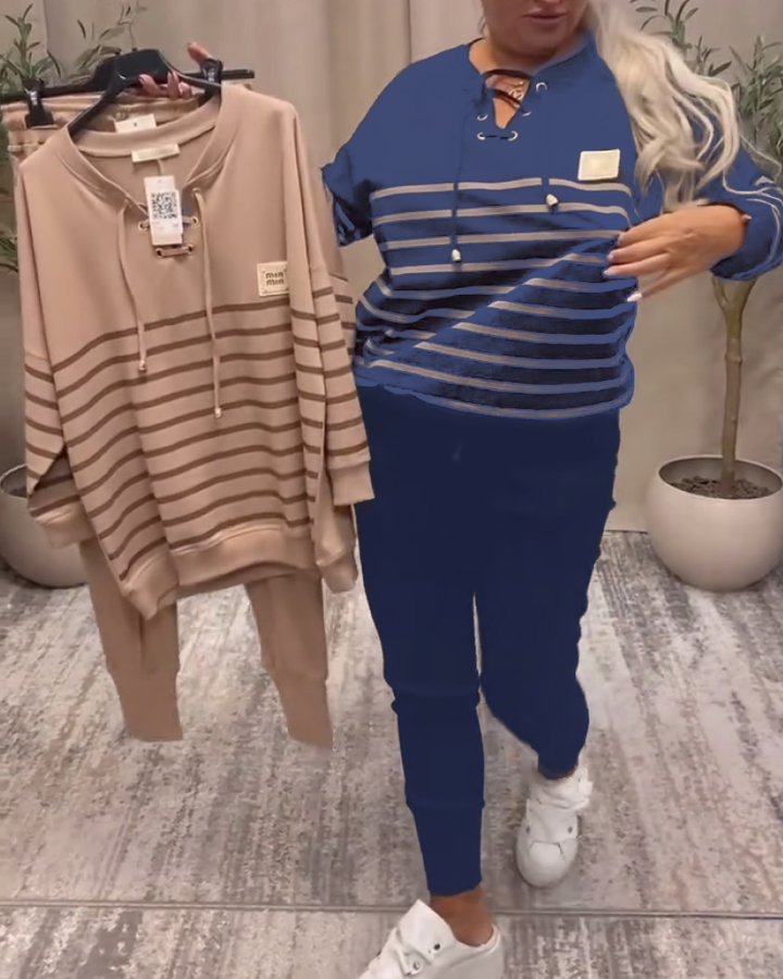 Casual Striped Sports Set with Ankle Pants