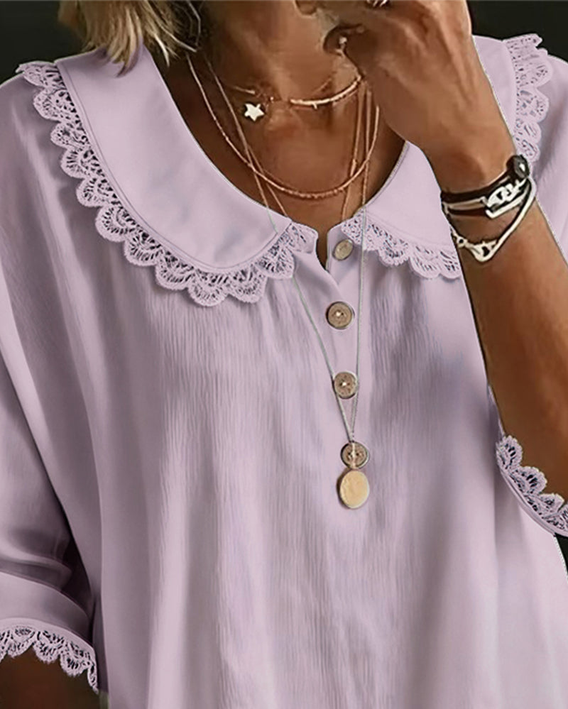Blouse with Lace Insert and Peter Pan Collar