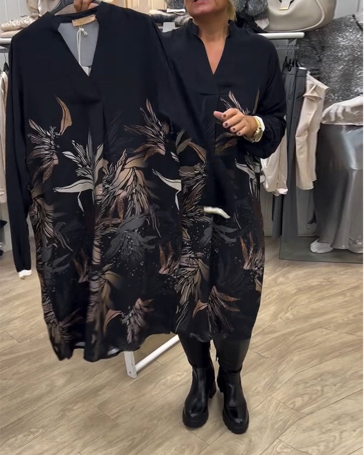 Dress V-neck Leaf Print Long Sleeve