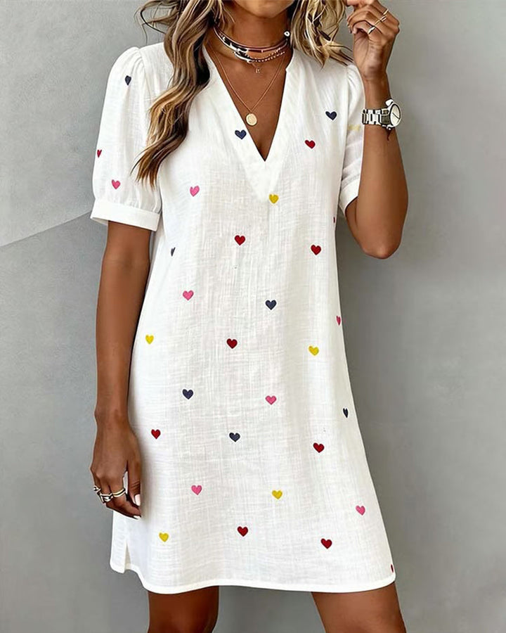Colorful Heart Print V Neck Dress