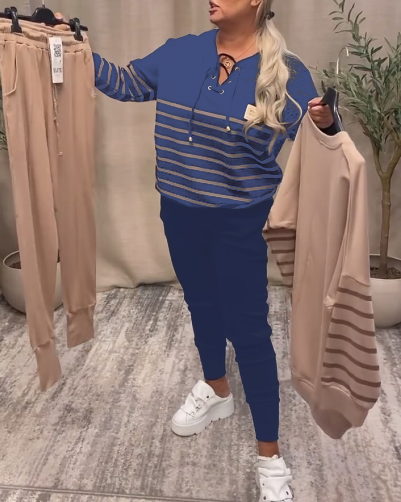 Casual Striped Sports Set with Ankle Pants
