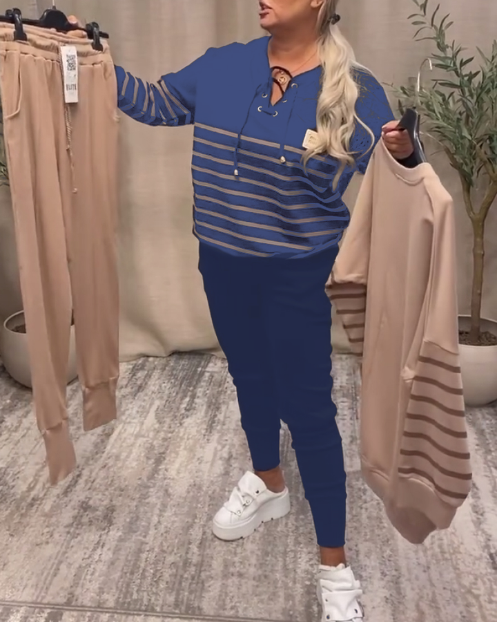 Casual Striped Sports Set with Ankle Pants