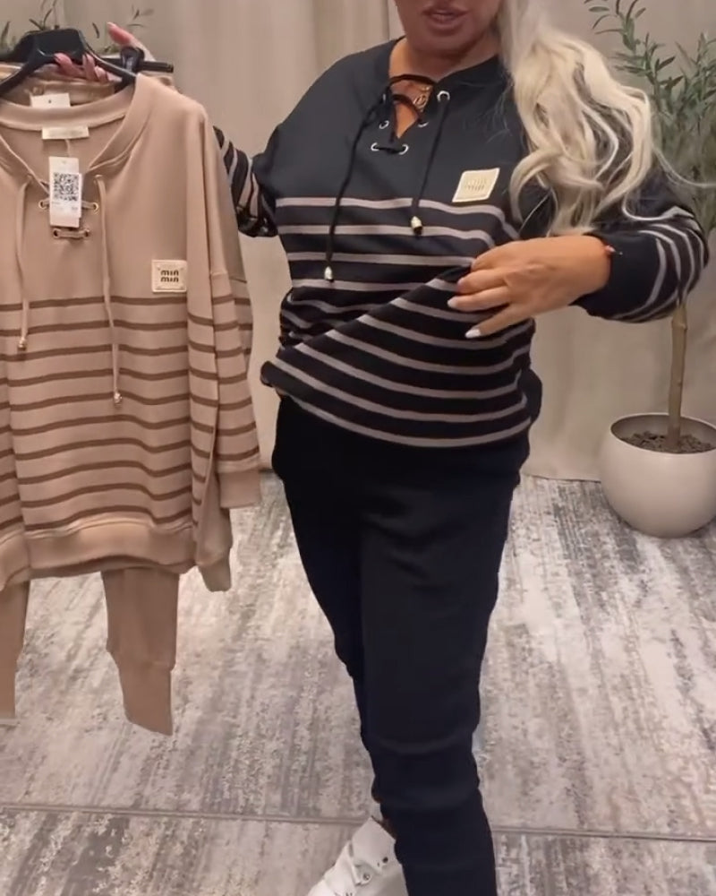 Casual Striped Sports Set with Ankle Pants