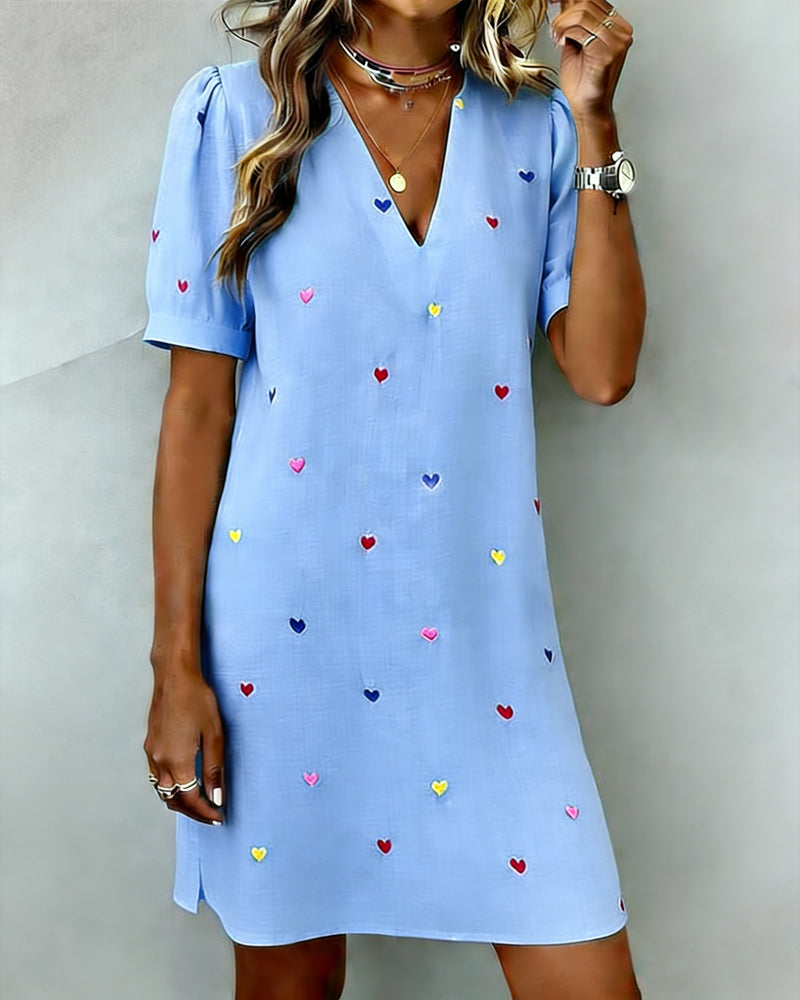 Colorful Heart Print V Neck Dress