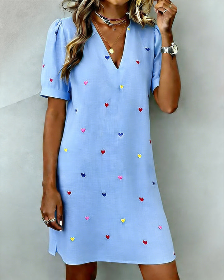 Colorful Heart Print V Neck Dress