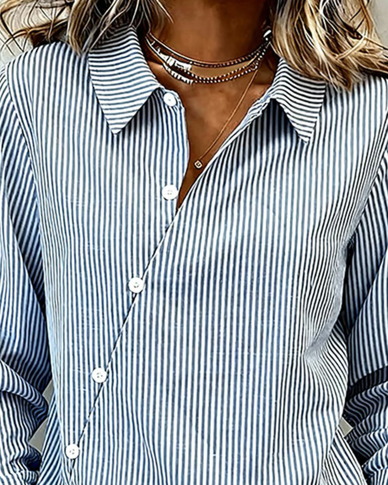 Asymmetrical Button-Down Striped Blouse
