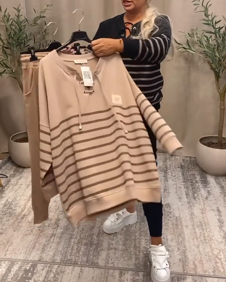 Casual Striped Sports Set with Ankle Pants