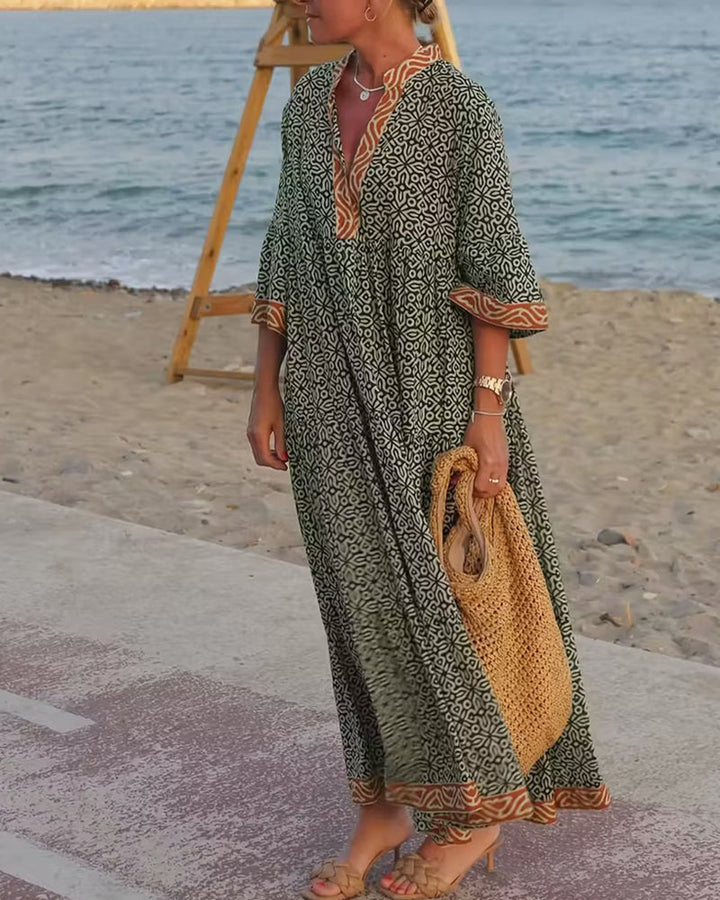 V-Neck Three Quarter Sleeve Printed Vacation Dress