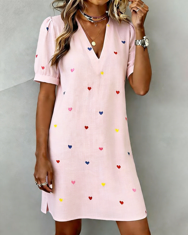 Colorful Heart Print V Neck Dress