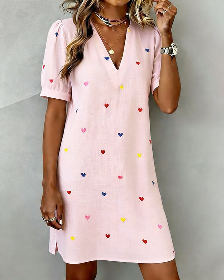 Colorful Heart Print V Neck Dress