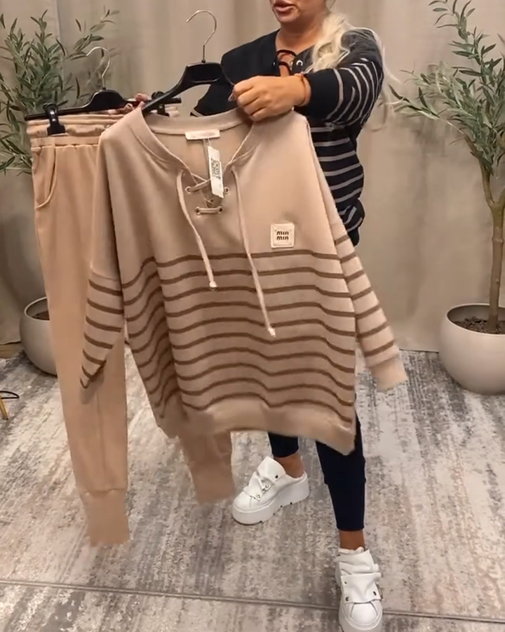 Casual Striped Sports Set with Ankle Pants