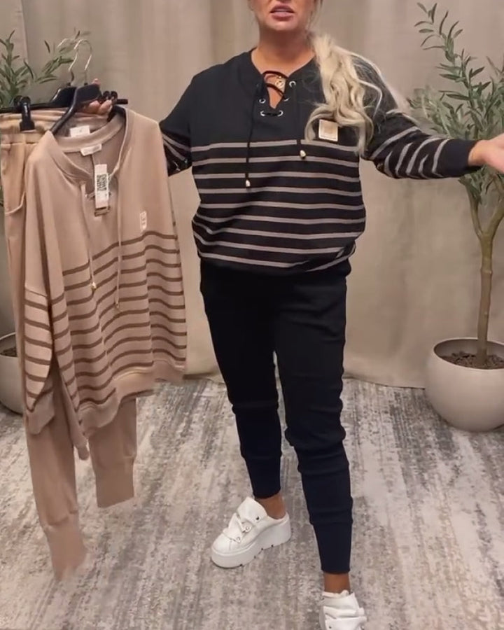 Casual Striped Sports Set with Ankle Pants