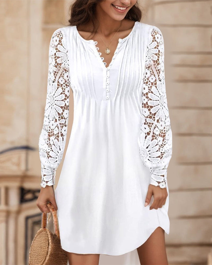 Solid Color Dress With Pleats And Patchwork Details