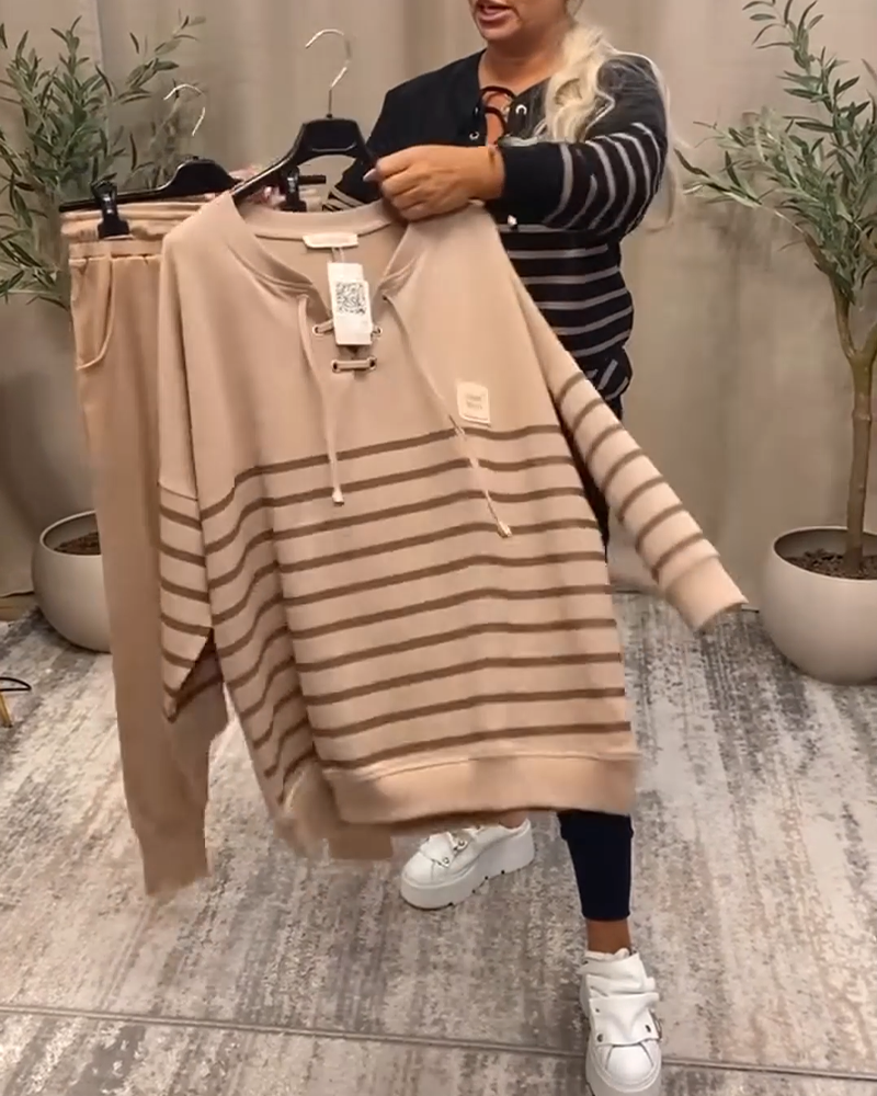 Casual Striped Sports Set with Ankle Pants