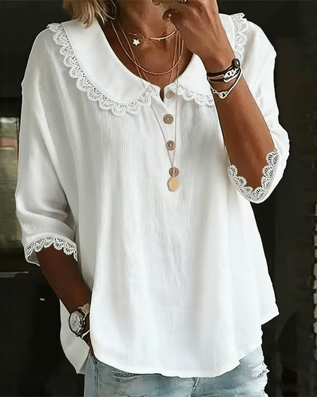 Blouse with Lace Insert and Peter Pan Collar