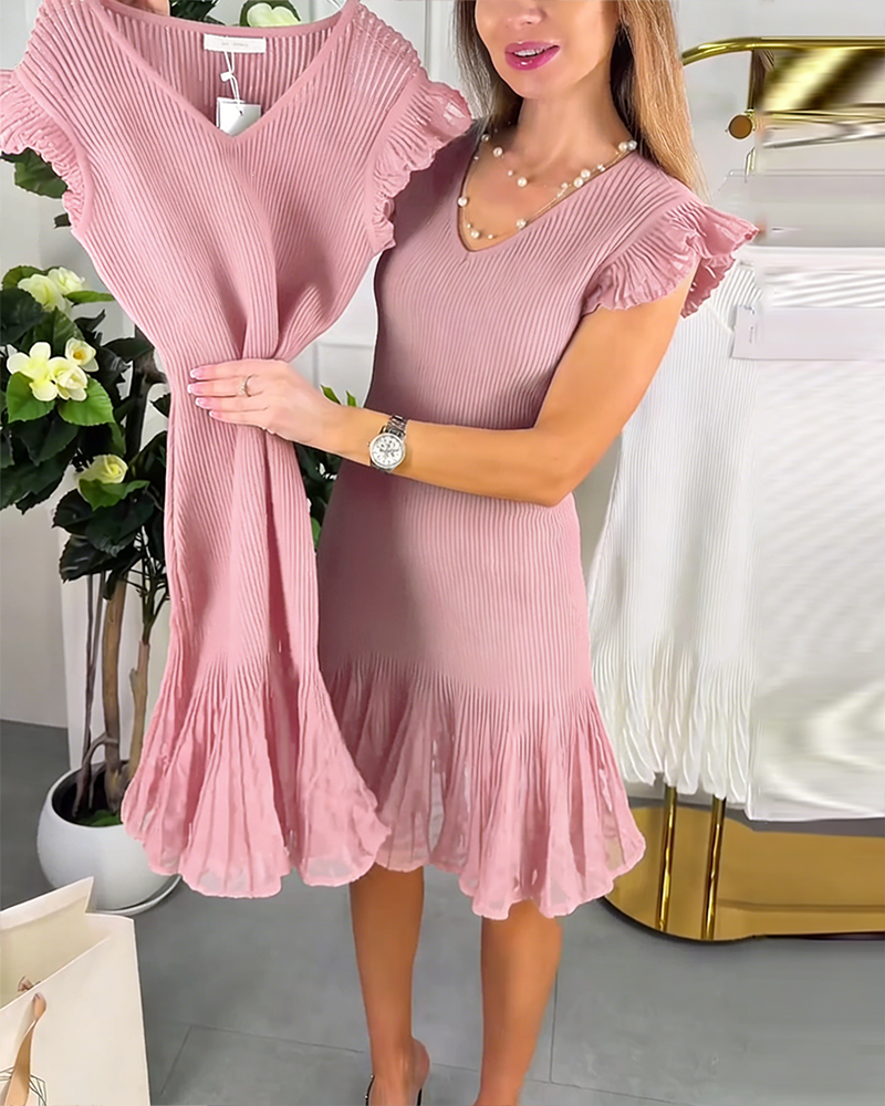Short Sleeve Ruffled Lace V-Neck Dress
