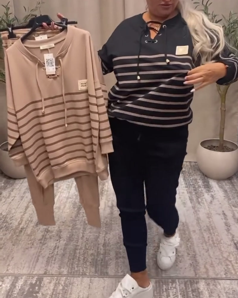 Casual Striped Sports Set with Ankle Pants