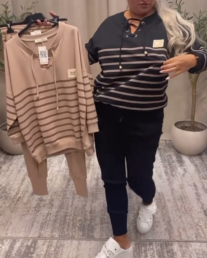 Casual Striped Sports Set with Ankle Pants