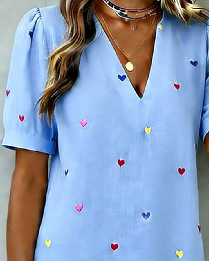 Colorful Heart Print V Neck Dress