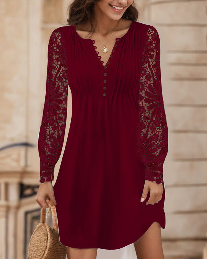 Solid Color Dress With Pleats And Patchwork Details