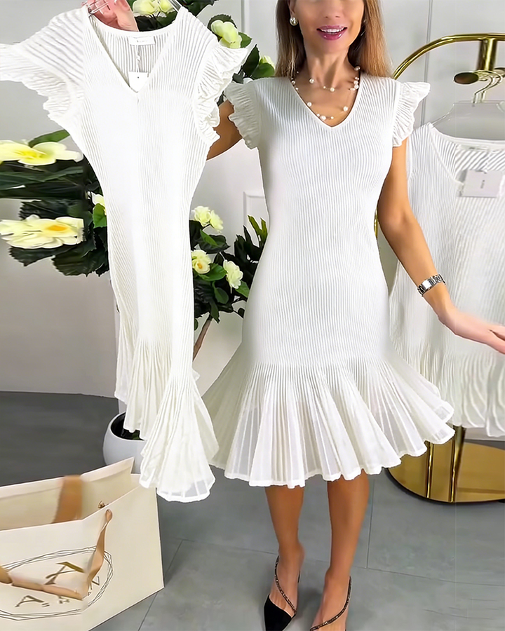 Short Sleeve Ruffled Lace V-Neck Dress