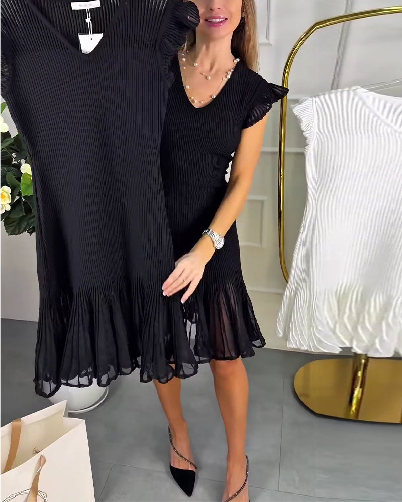 Short Sleeve Ruffled Lace V-Neck Dress