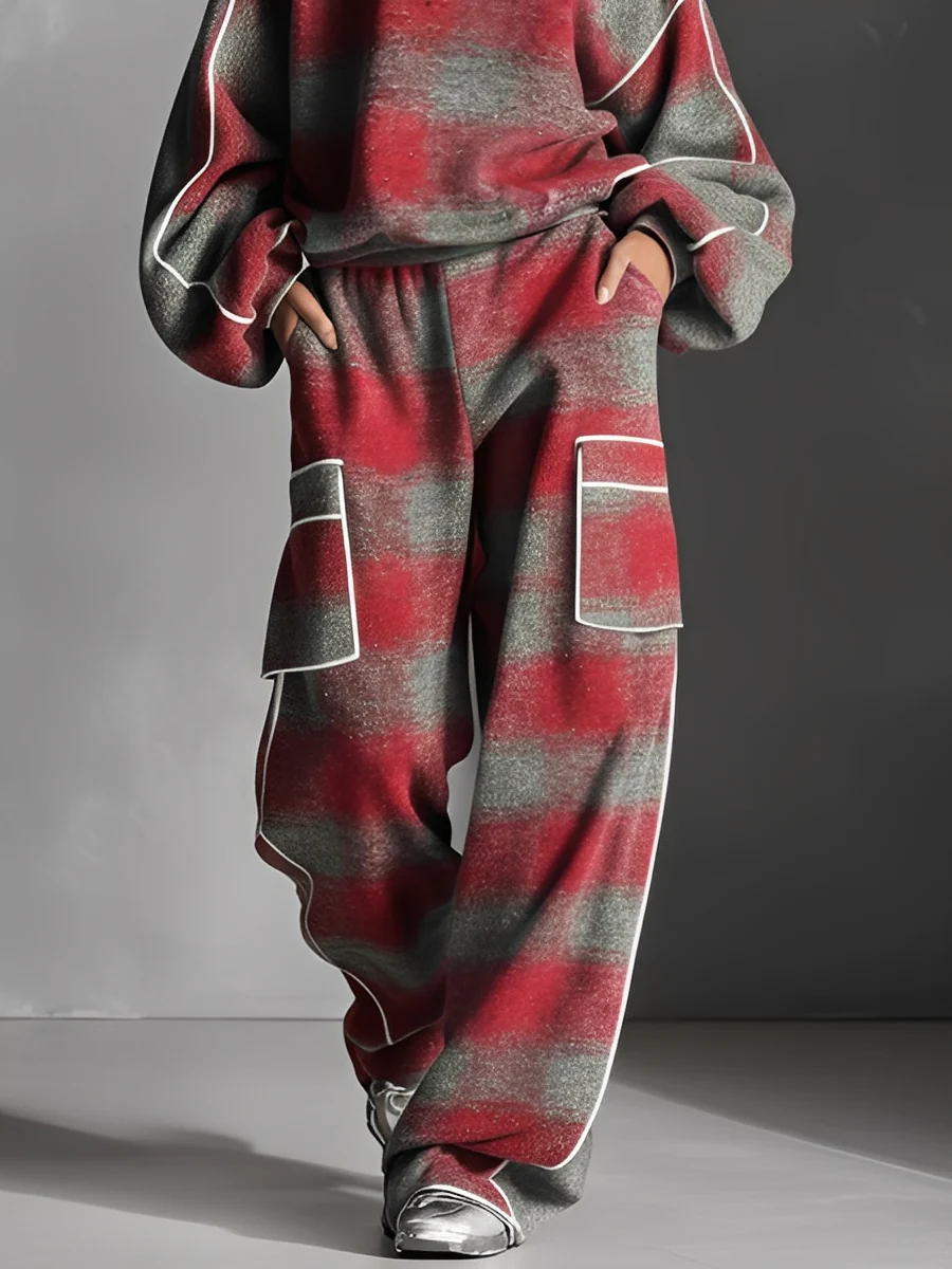 Red and Gray Plaid Color-blocked Sweatshirt and Casual Pants Two-piece Set