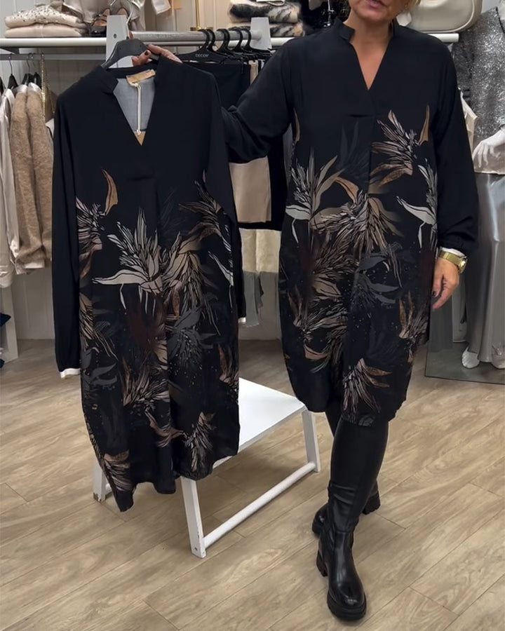 Dress V-neck Leaf Print Long Sleeve