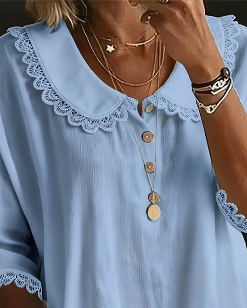Blouse with Lace Insert and Peter Pan Collar