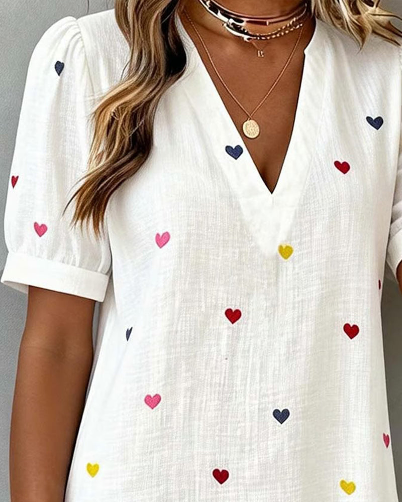 Colorful Heart Print V Neck Dress