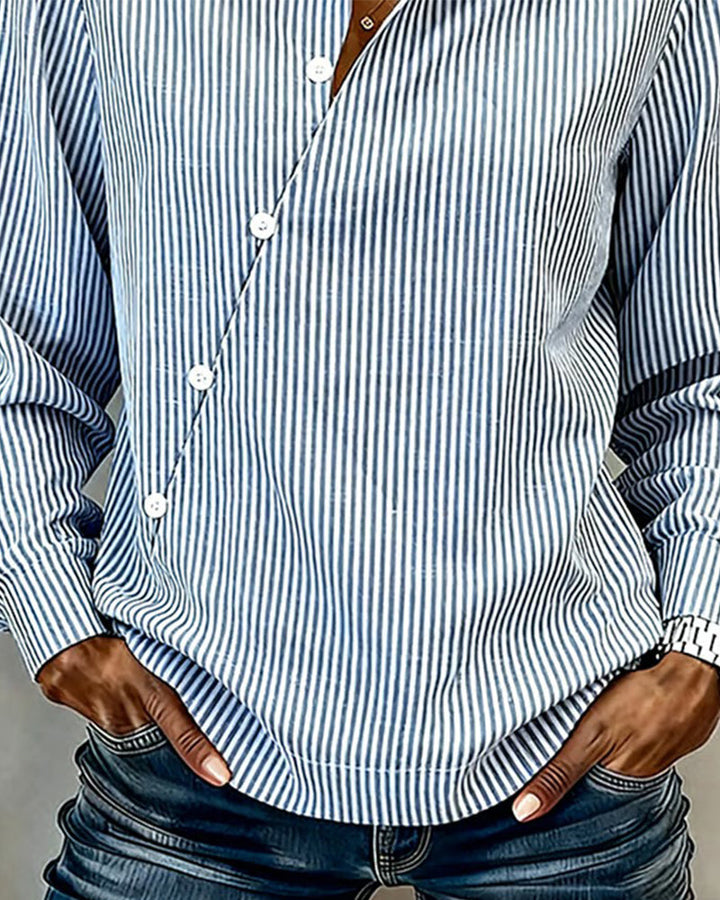Asymmetrical Button-Down Striped Blouse
