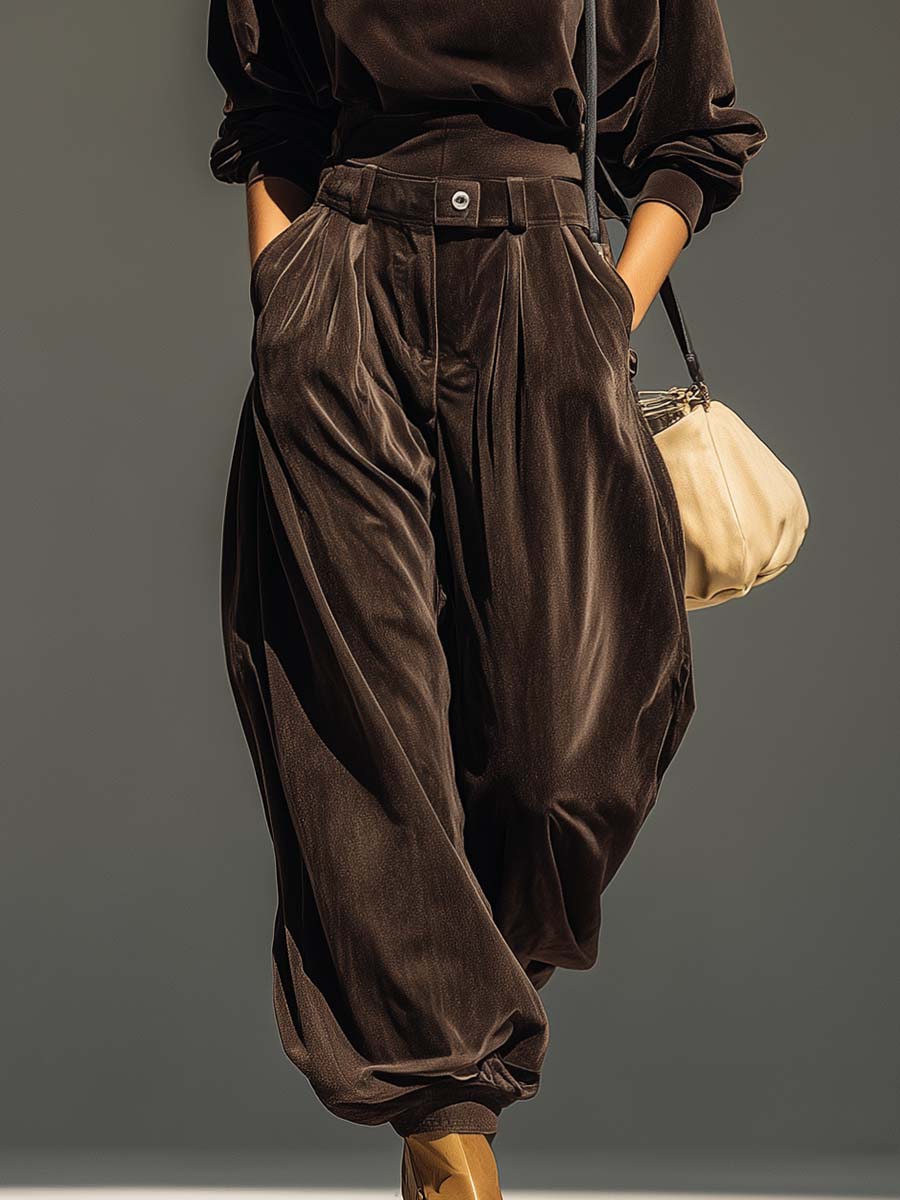 Vintage brown velvet hoodie and loose-fitting trousers set (Includes belt)