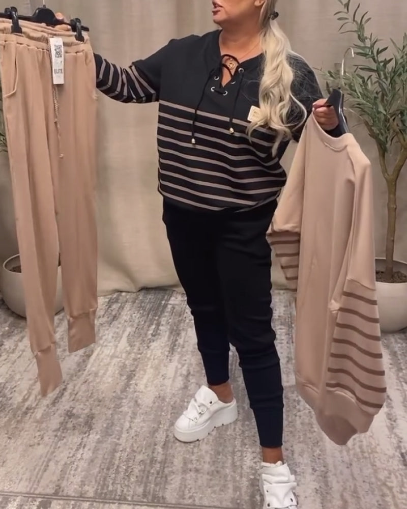 Casual Striped Sports Set with Ankle Pants
