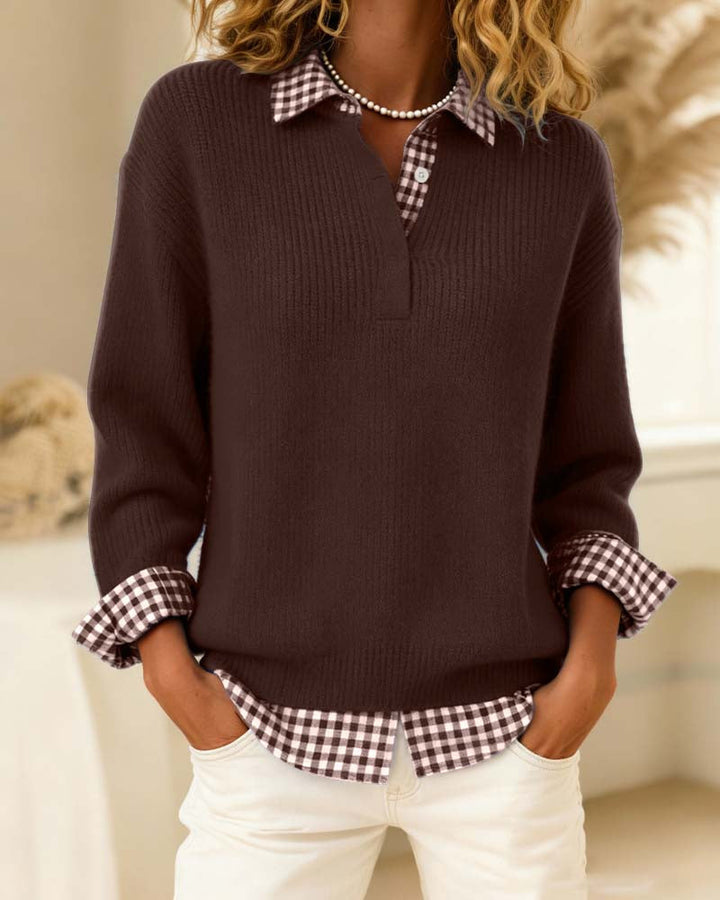 Solid Color Pullover with Checkered Patchwork