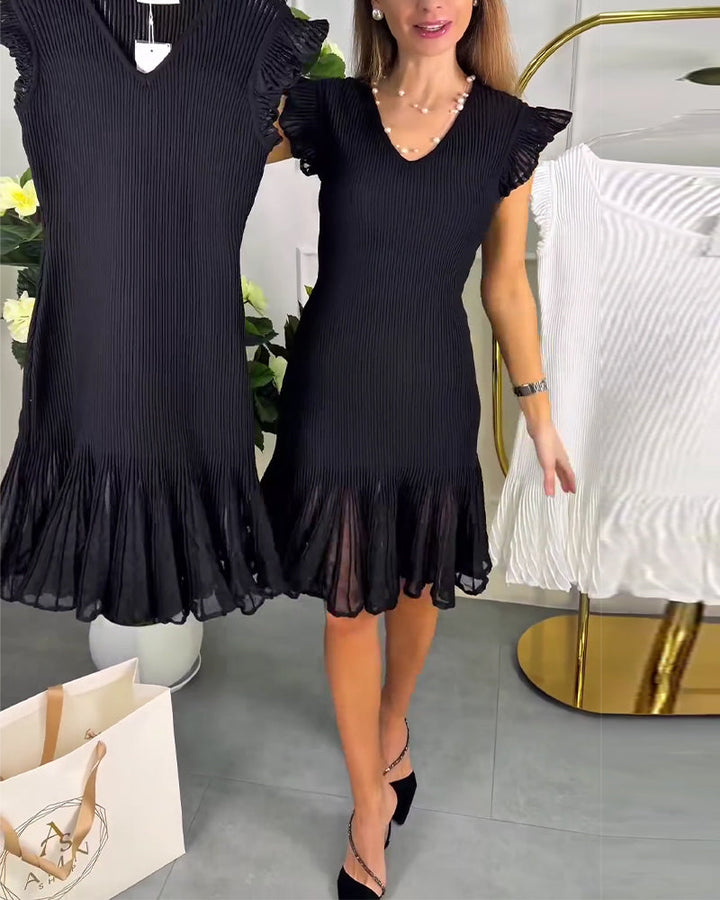 Short Sleeve Ruffled Lace V-Neck Dress