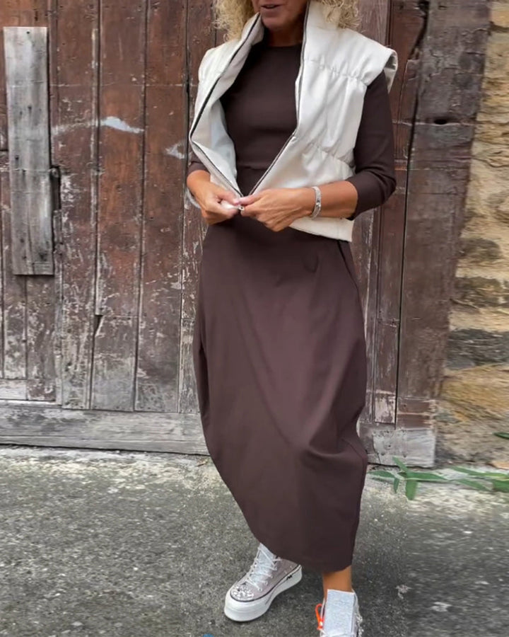 Simple Solid Color Long Sleeve Dress with Pockets