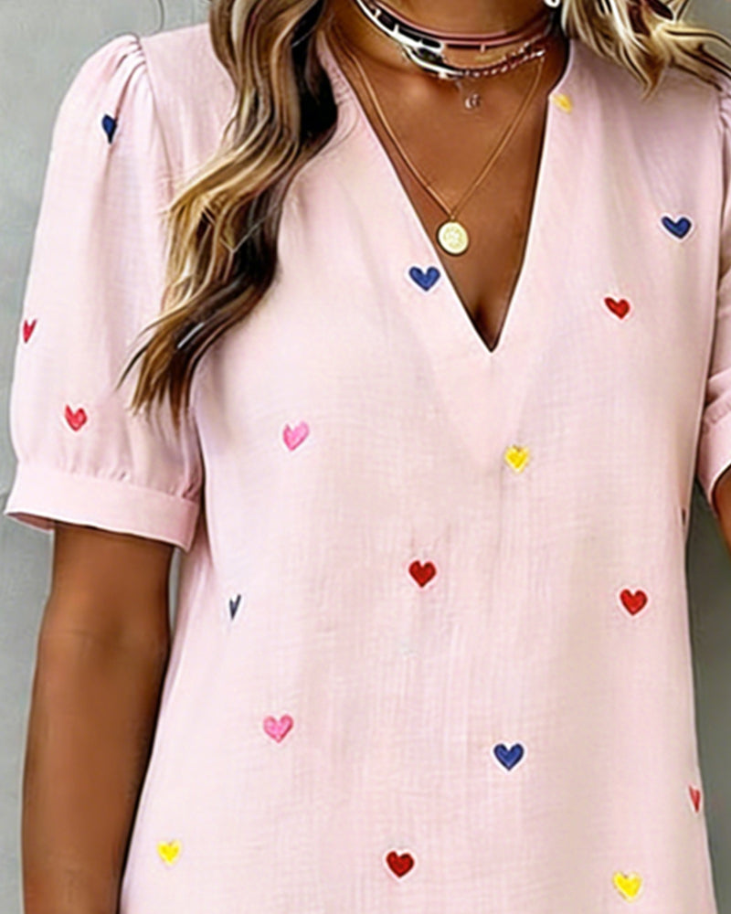 Colorful Heart Print V Neck Dress
