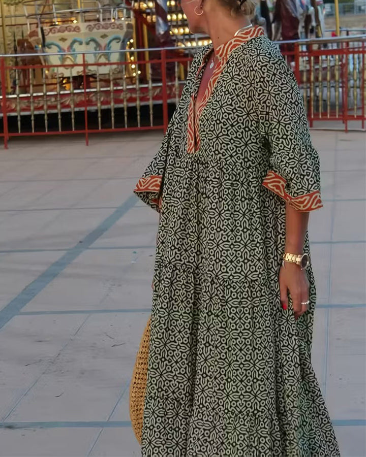 V-Neck Three Quarter Sleeve Printed Vacation Dress