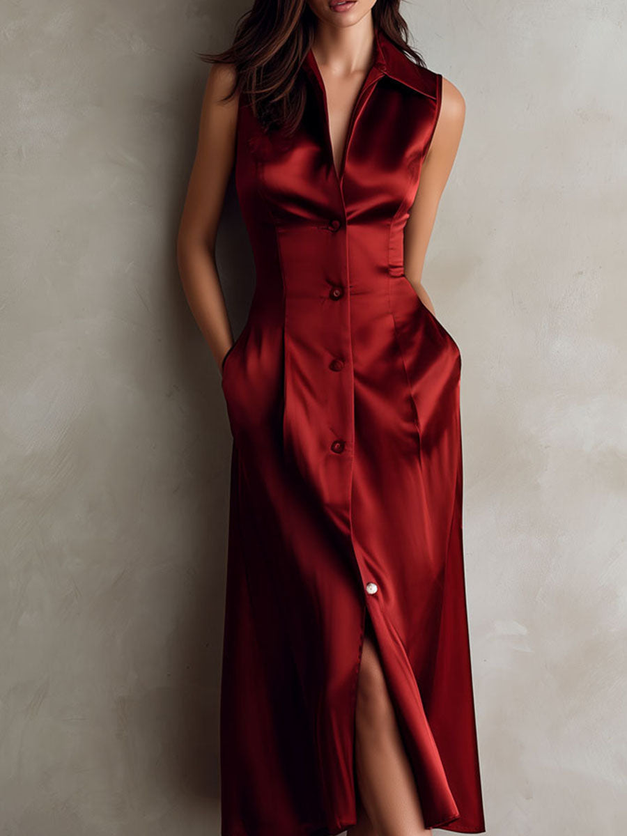 Elegant Burgundy Satin Sleeveless Button-Down Midi Dress